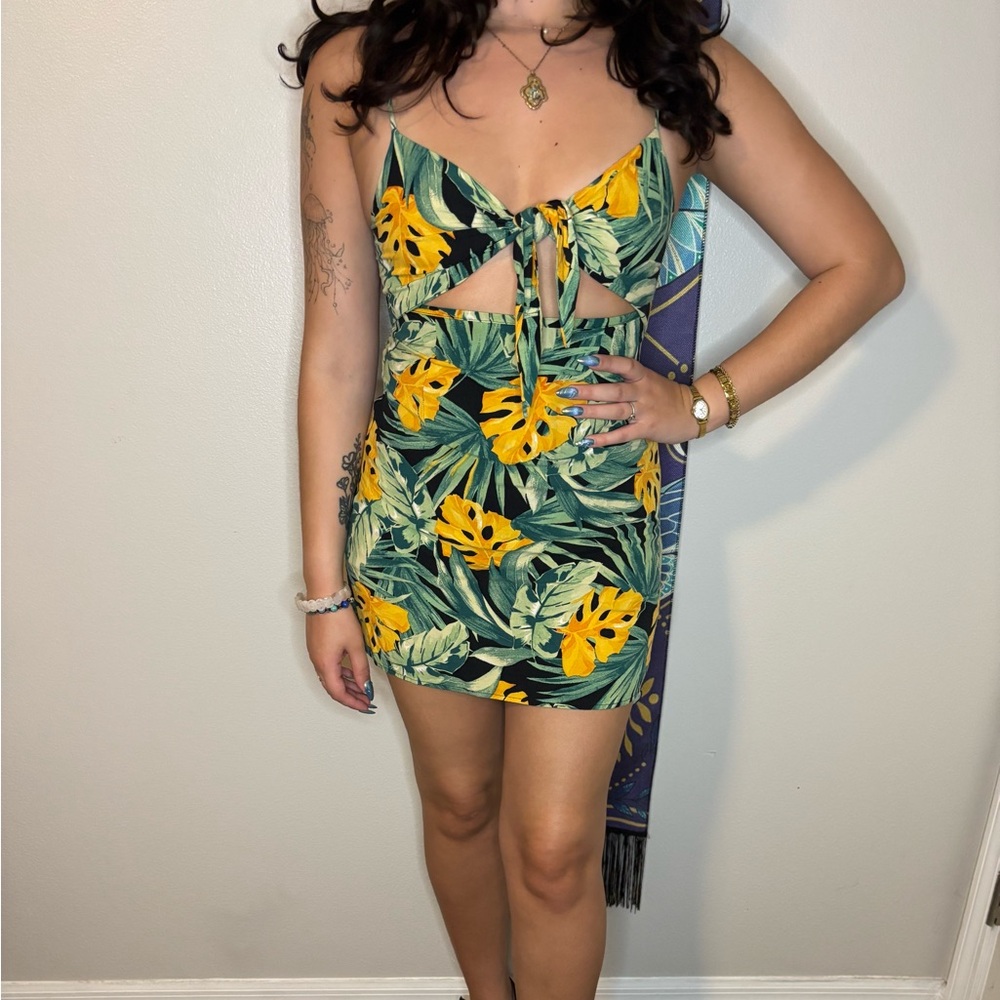 Tropical Leaf Print Cutout Dress
